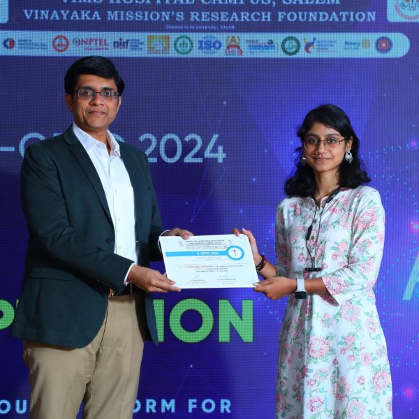 Awarded with runner-up for best poster in V-OPTO at Vinayaka Missions Research Foundation (VMRF)